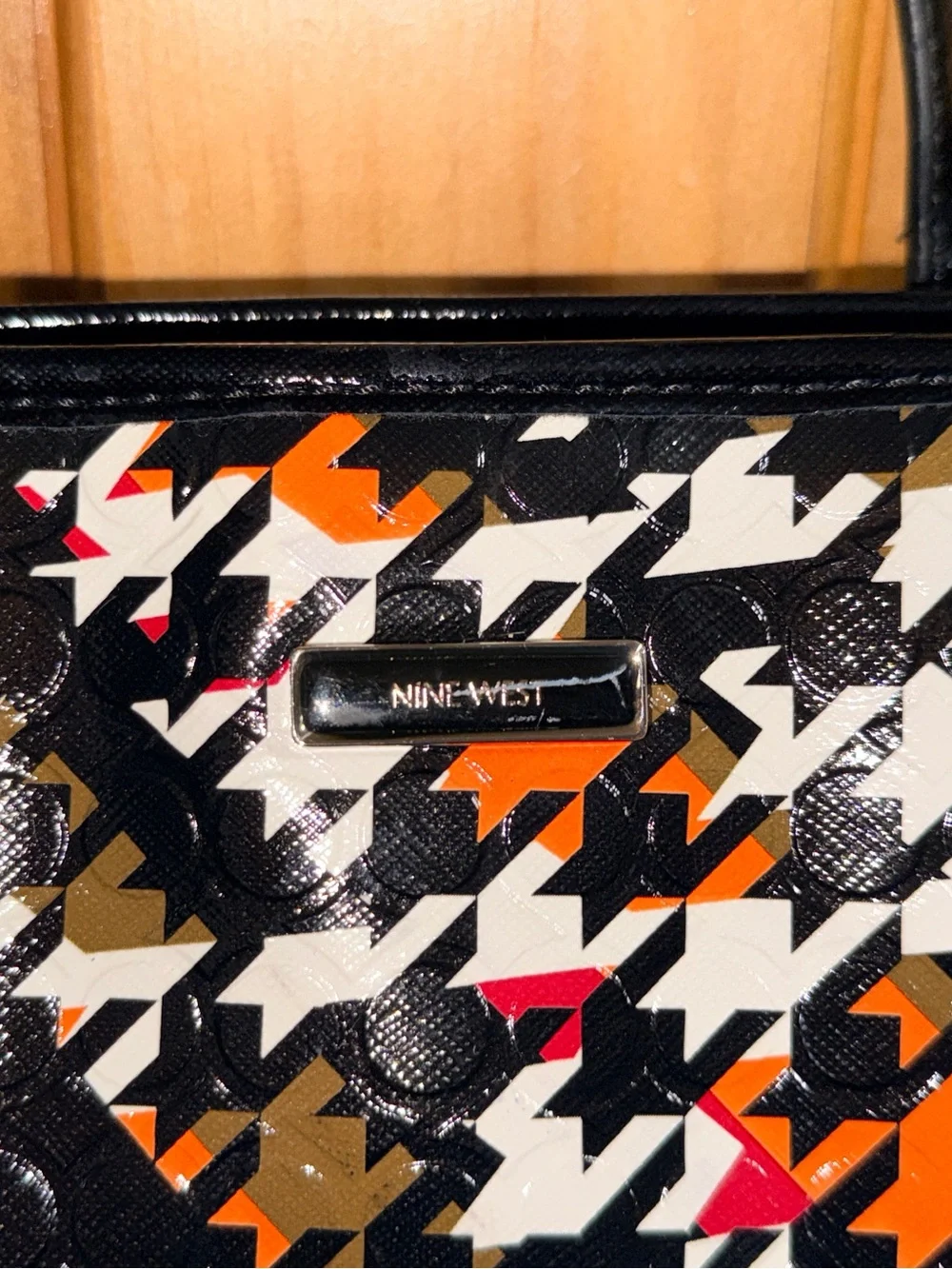 Nine West Black Patent Houndstooth Tote with Blue & Orange Accents & ID Wallet